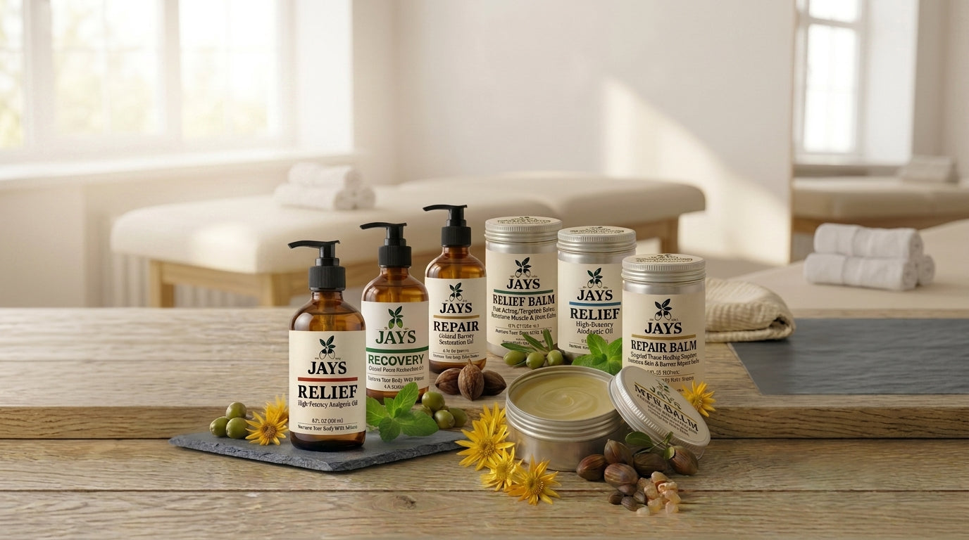 JAYS Naturals product lineup - Relief, Recovery, and Repair topicals